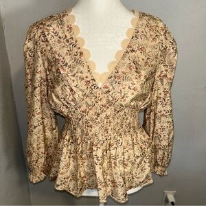 Mine Beige cottage core peasant Floral Smocked Blouse